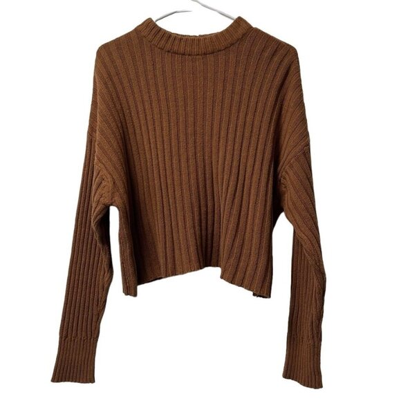 American Eagle Brown Heavy Knit‎ Cropped Long Sleeve Sweater Size Medium Preppy - Picture 1 of 10